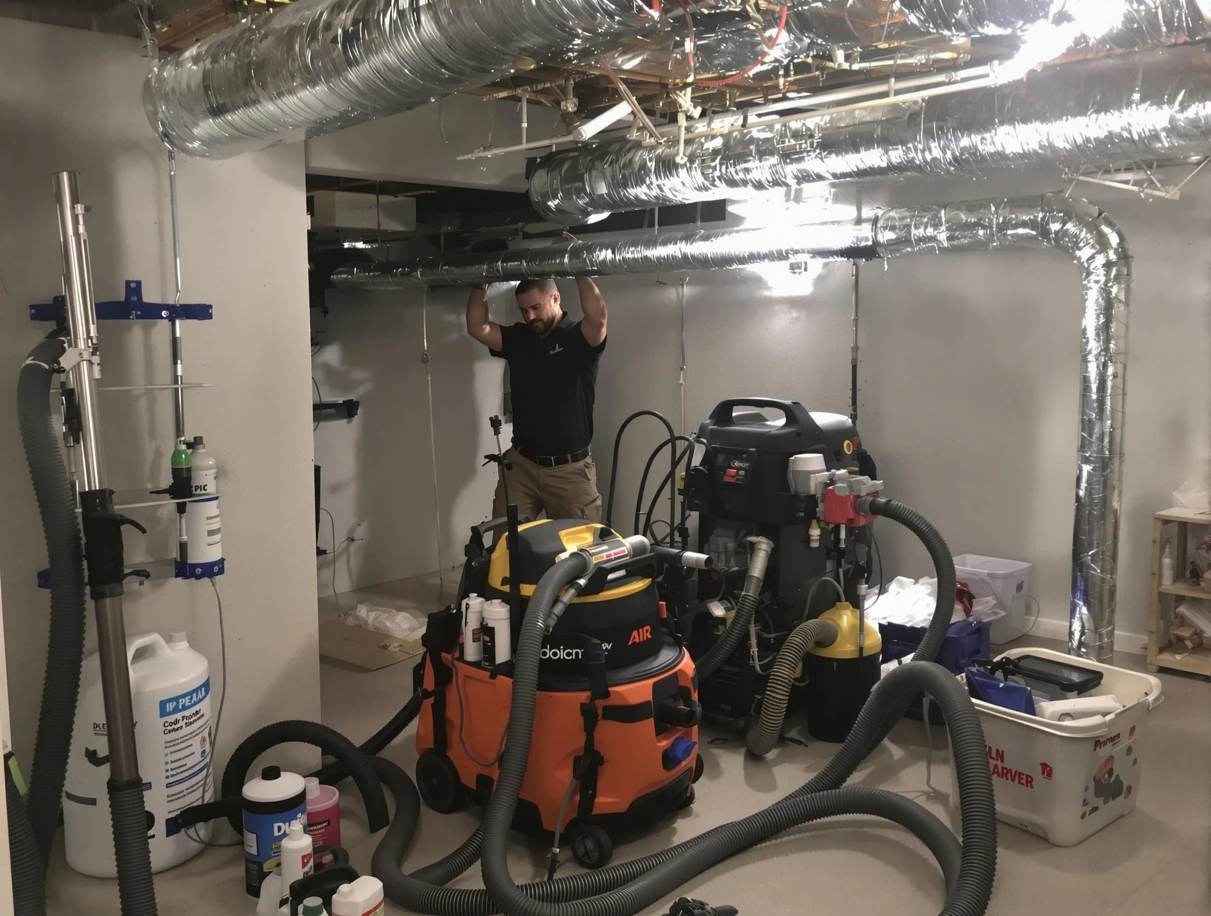 Montevallo Air Duct Cleaning specialist performing professional mold removal from air ducts using safety equipment in Montevallo