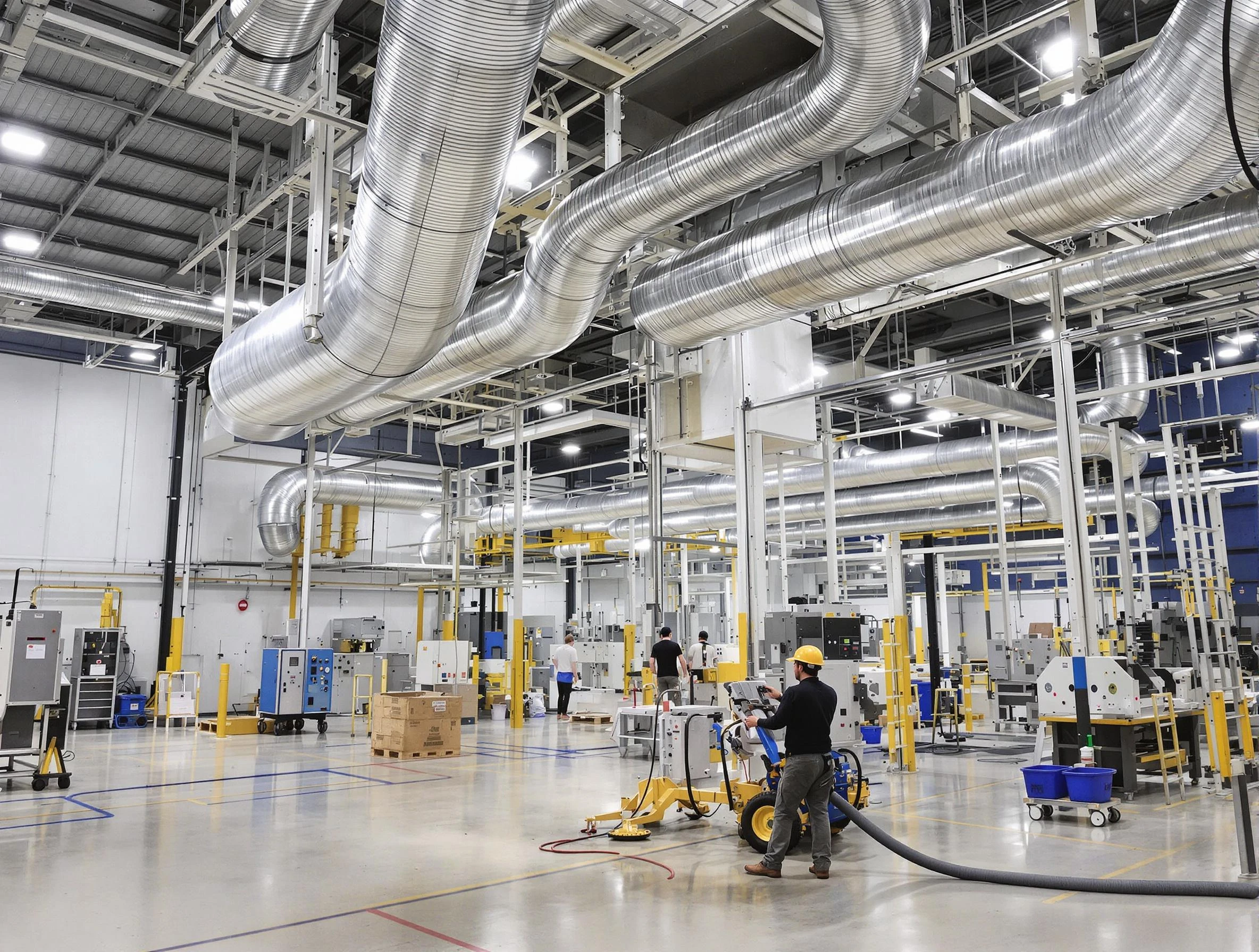 Montevallo Air Duct Cleaning team performing comprehensive industrial duct cleaning at a large facility in Montevallo