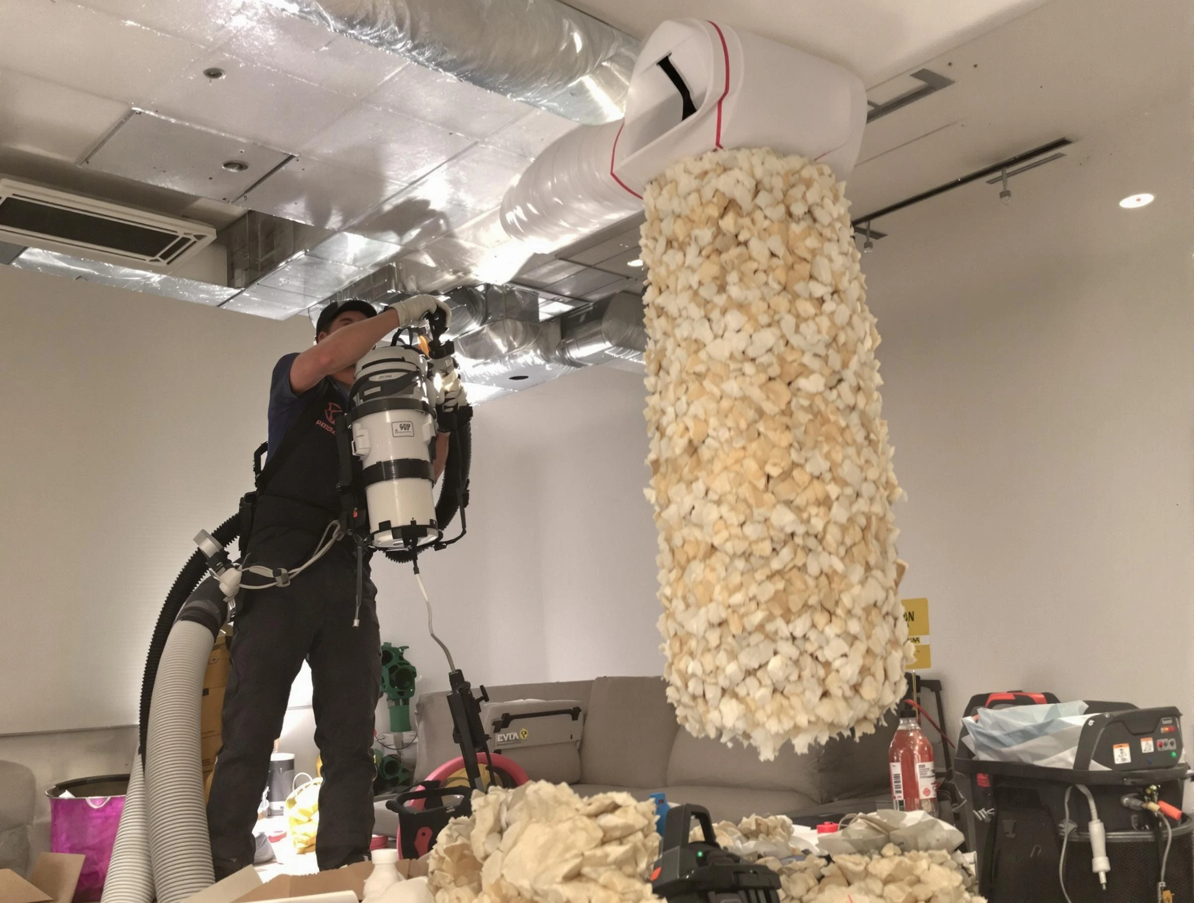 Montevallo Air Duct Cleaning technician performing precision vacuum insulation removal in a residential property in Montevallo
